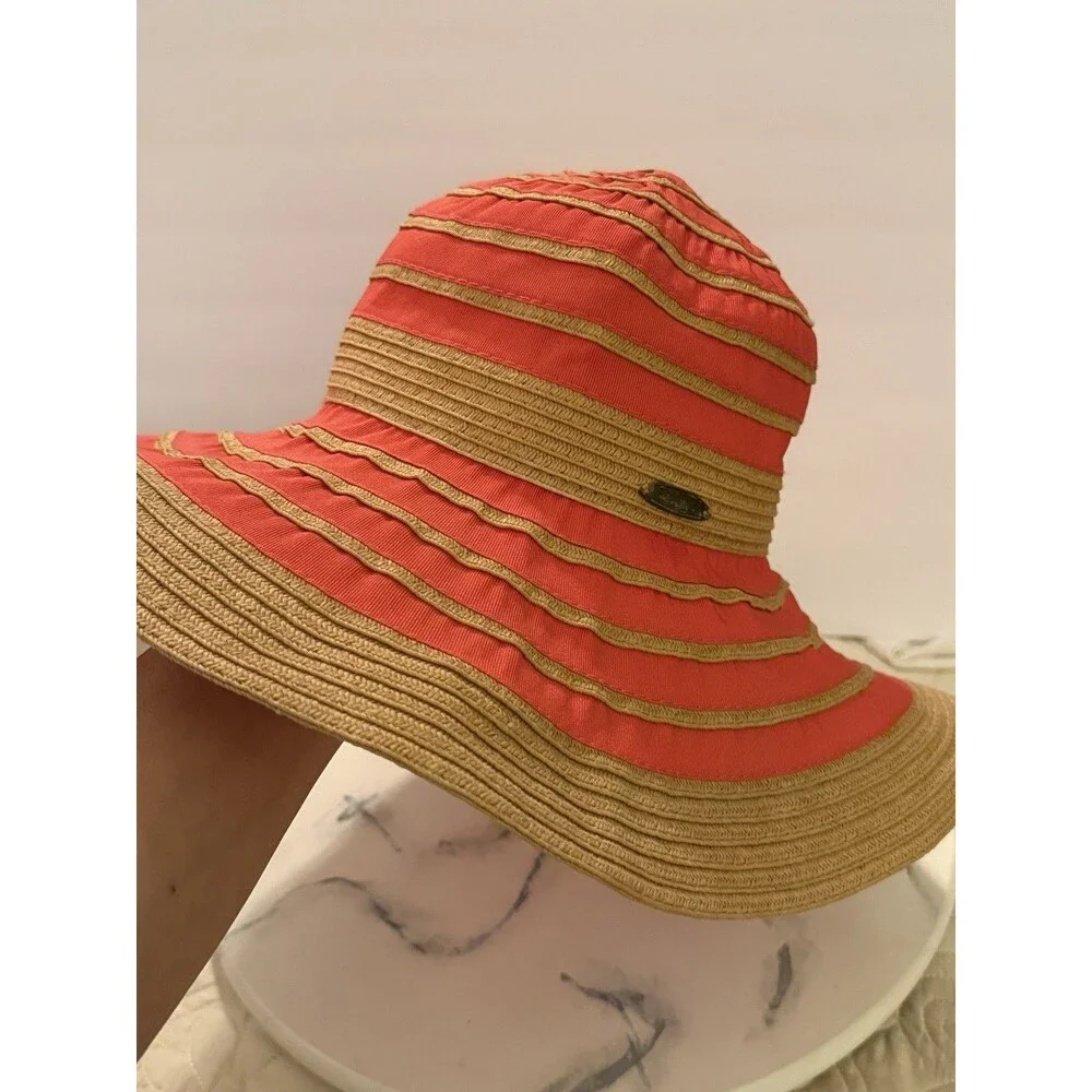 Panama Jack Wide Brimmed Sun Hat Hot Coral Paper Braid